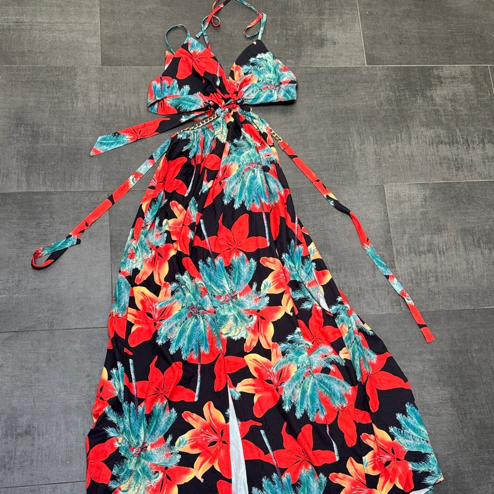 Tropical Red & Teal Floral Halter Top Dress